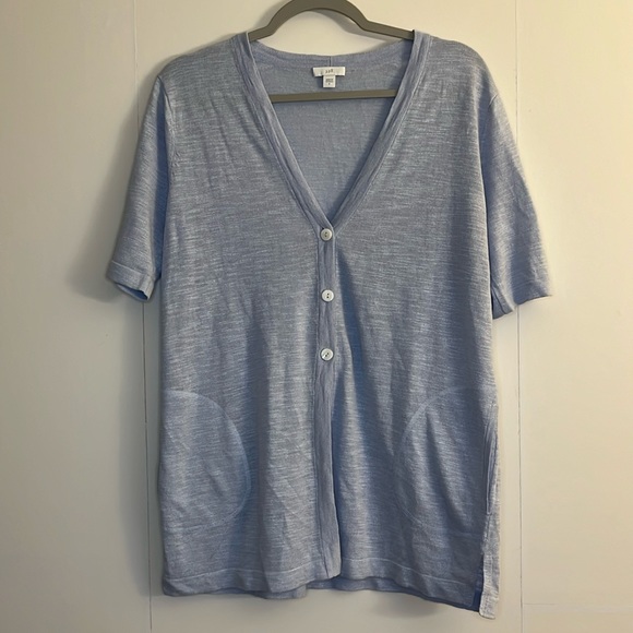 J. Jill Short Sleeve Linen Blend Cardigan Top Size S Blue 3 Button Front Pockets - Picture 1 of 8